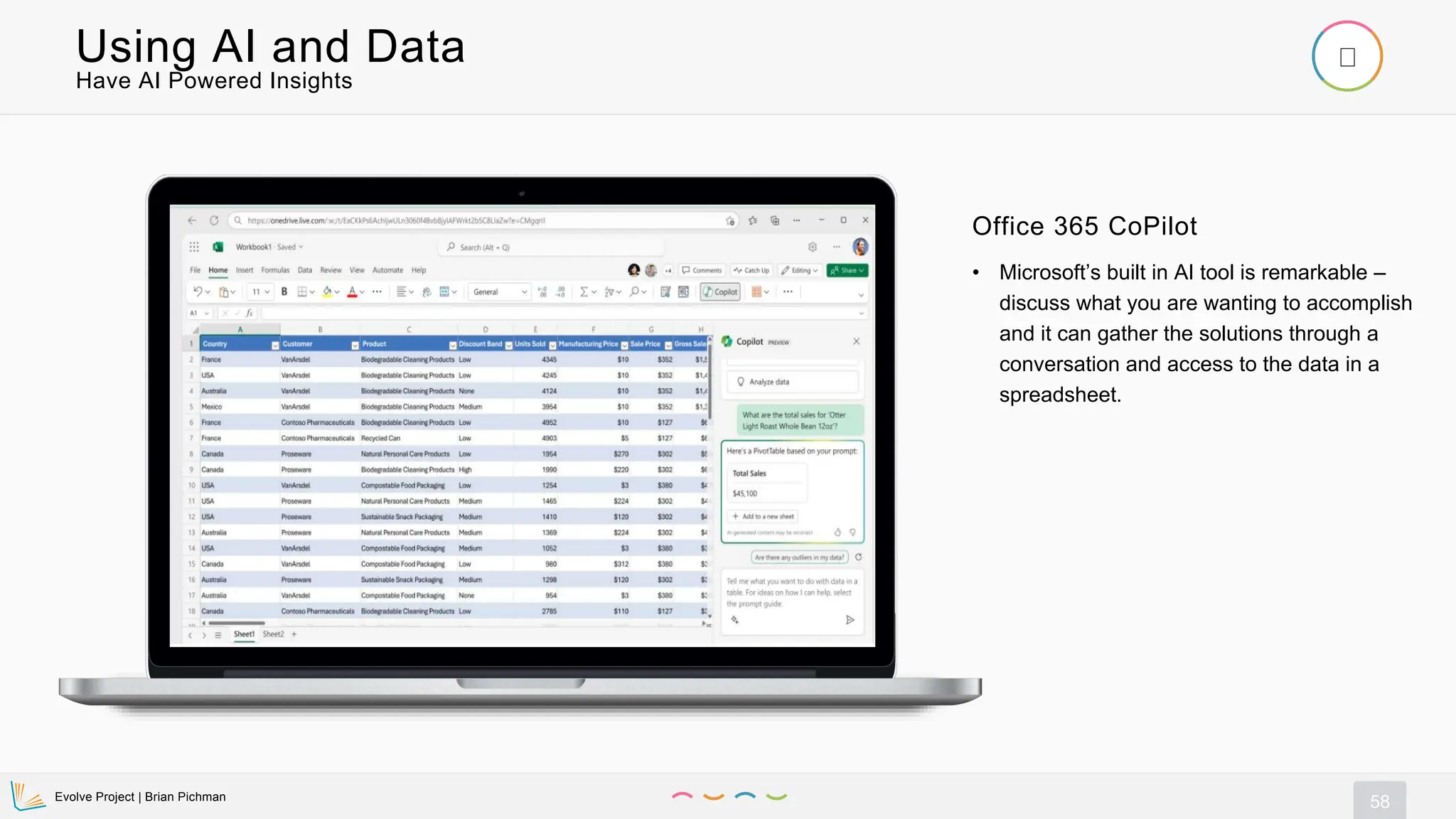 Evolve Project | Brian Pichman
58
Have AI Powered Insights
Using AI and Data
• Microsoft’s built in AI tool is remarkable –
discuss what you are wanting to accomplish
and it can gather the solutions through a
conversation and access to the data in a
spreadsheet.
Office 365 CoPilot
 