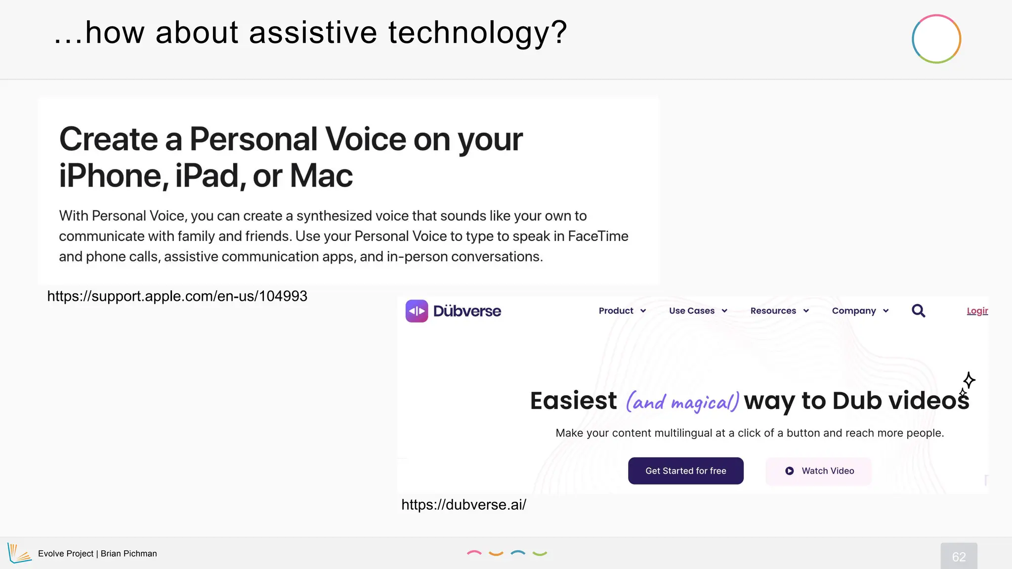 Evolve Project | Brian Pichman
62
…how about assistive technology?
https://support.apple.com/en-us/104993
https://dubverse.ai/
 