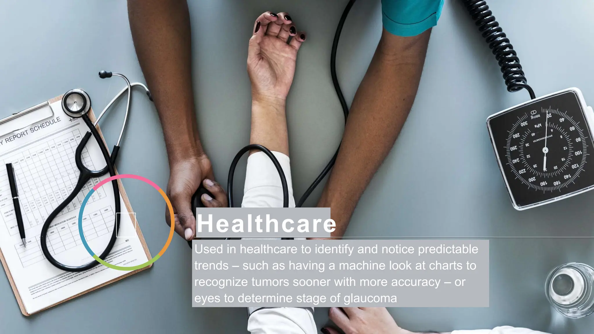 Healthcare
Used in healthcare to identify and notice predictable
trends – such as having a machine look at charts to
recognize tumors sooner with more accuracy – or
eyes to determine stage of glaucoma
 