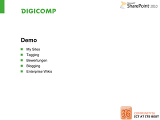 Demo
 My Sites
 Tagging
 Bewertungen
 Blogging
 Enterprise Wikis
 