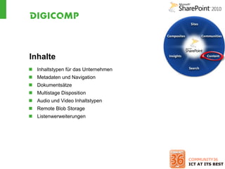 Inhalte
 Inhaltstypen für das Unternehmen
 Metadaten und Navigation
 Dokumentsätze
 Multistage Disposition
 Audio und Video Inhaltstypen
 Remote Blob Storage
 Listenwerweiterungen
 