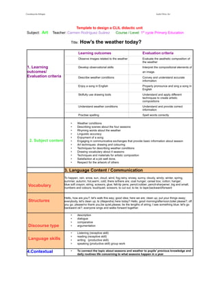 Coordinación bilingüe Isabel Pérez Tor 
Template to design a CLIL didactic unit 
Subject: Art Teacher: Carmen Rodríguez Suárez Course / Level: 1st cycle Primary Education 
Title: How's the weather today? 
1. Learning 
outcomes/ 
Evaluation criteria 
Learning outcomes Evaluation criteria 
Observe images related to the weather Evaluate the aesthetic composition of 
the weather 
Develop observational skills Interpret the compositional elements of 
an image. 
Describe weather conditions Convey and understand accurate 
information 
Enjoy a song in English Properly pronounce and sing a song in 
English 
Skilfully use drawing tools Understand and apply different 
techniques to create artistic 
compositions 
Understand weather conditions Understand and provide correct 
information 
Practise spelling Spell words correctly 
2. Subject content 
• Weather conditions 
• Describing scenes about the four seasons 
• Rhyming words about the weather 
• Linguistic accuracy 
• Enjoyment of a song 
• Engaging in communicative exchanges that provide basic information about season 
• Art techniques: drawing and colouring 
• Techniques for describing weather conditions 
• Drawing vocabulary about 4 seasons 
• Techniques and materials for artistic composition 
• Satisfaction at a job well done. 
• Respect for the artwork of others 
3. Language Content / Communication 
Vocabulary 
To happen, rain, snow, sun, cloud, wind, fog,rainy, snowy, sunny, cloudy, windy; winter, spring, 
summer, autumn; hot,warm, cold; there is/there are; coat hunger; cereal box; cotton; hanger; 
blue soft crayon; string; scissors; glue; felt-tip pens; pencil;rubber; pencil-sharpener; big and small; 
numbers and colours; loud/quiet; scissors; to cut out; to tie; to tape;backward/forward 
Structures 
Hello, how are you?; let's walk this way; good idea; here we are; clean up; put your things away; 
everybody, let's clean up; Is (Alejandra) here today? Hello, good morning/afternoon;toilet please?; off 
you go; please/no thank you;be quiet,please; tie the lengths of string; I see something blue; let's go 
backward ok?; everyone sings and walks forward together. 
Discourse type 
• description 
• dialogue 
• comparative 
• argumentation 
Language skills 
• Listening (receptive skill) 
• reading (receptive skill) 
• writing (productive skill) 
• speaking (productive skill) group work 
4.Contextual • To connect the topic about seasons and weather to pupils' previous knowledge and 
daily routines life concerning to what seasons happen in a year 
 