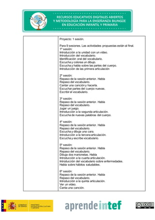 Proyecto: 1 sesión.
Para 9 sesiones. Las actividades propuestas están al final.
1º sesión:
Introducción a la unidad con un vídeo.
Introducción del vocabulario.
Identificación oral del vocabulario.
Escucha y colorea un dibujo.
Escucha y habla sobre las partes del cuerpo.
Introducción de las primera articulación
2º sesión:
Repaso de la sesión anterior. Habla
Repaso del vocabulario.
Cantar una canción y hacerla.
Escuchar partes del cuerpo nuevas.
Escribir el vocabulario.
3º sesión:
Repaso de la sesión anterior. Habla
Repaso del vocabulario.
Jugar un juego.
Introducción a la segunda articulación.
Escucha de nuevas palabras del cuerpo.
4º sesión:
Repaso de la sesión anterior. Habla
Repaso del vocabulario.
Escucha y dibuja una cara.
Introducción a la tercera articulación.
Escucha y escribe vocabulario.
5º sesión:
Repaso de la sesión anterior. Habla
Repaso del vocabulario.
Dibuja dos marionetas. Habla
Introducción a la cuarta articulación.
Introducción del vocabulario sobre enfermedades.
Habla sobre hábitos saludables.
6º sesión:
Repaso de la sesión anterior. Habla
Repaso del vocabulario.
Introducción a la quinta articulación.
Ver un video.
Canta una canción.
 