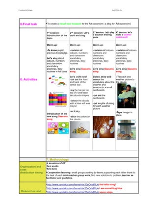 Coordinación bilingüe Isabel Pérez Tor 
6.Final task •To create a visual tour museum for the Art classroom ( a blog for Art classroom) 
6. Activities 
1st session: 
Introduction of the 
topic. 
2nd session: Let's 
craft and sing 
3rd session: Let's play 
a dictation drawing 
game 
4th session: let's 
make a weather 
mobile craft 
Warm-up: 
-To know pupils' 
previous knowledge. 
Let's sing about 
colours, numbers 
and classroom 
vocabulary, 
greetings, daily 
routines in Art class 
Introduction of the 
new song:Seasons 
song 
Warm-up: 
-revision of 
colours, numbers 
and classroom 
vocabulary, 
greetings, daily 
routines 
Let's sing Seasons 
song 
Let's craft now! 
-cut out the front 
and back of the 
cereal box 
-lay the hanger on 
top of it and trace 
two clouds shapes 
-colour the clouds 
with a blue soft wax 
crayon 
-let it dry 
-stick the cotton on 
the clouds 
Warm-up: 
-revision of colours, 
numbers and 
classroom 
vocabulary, 
greetings, daily 
routines 
Let's sing Seasons 
song 
Listen, draw and 
colour the 
vocabulary about the 
weather and 
seasons in a small 
cardboards 
-cut out the 
cardboards 
-cut lengths of string 
for each weather 
picture 
Warm-up: 
-revision of colours, 
numbers and 
classroom 
vocabulary, 
greetings, daily 
routines 
Let's sing Seasons 
song 
- Tie each one 
weather picture to 
the clouds 
-Tape hanger in 
place 
7. Methodology 
Organization and 
class 
distribution timing 
•4 sessions of 45' 
•two weeks 
•first term 
•Cooperative learning: small groups,working by teams,supporting each other thank to 
the task of each mini-teacher group work, find new solutions to problem,teacher as 
facilitator and guideline. 
Resources and 
• http://www.symbaloo.com/home/mix/13eOcMKhJe the hello song! 
• http://www.symbaloo.com/home/mix/13eOcMKhJe I see something blue 
• http://www.symbaloo.com/home/mix/13eOcMKhJe seven steps 
 