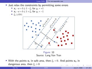Linear SVM The non-separable case
Just relax the constraints by permitting some errors
xi ⋅ w + b ≥ 1 − ξi for yi = +1
xi ⋅ w + b ≤ 1 + ξi for yi = −1
ξi ≥ 0∀i
Figure: 10
Source: Lang Van Tran
With the points xi in safe area, then ξi = 0. And points xk in
dangerous area, then ξi > 0
Dat Vu SVM June 4, 2020 17 / 25
 