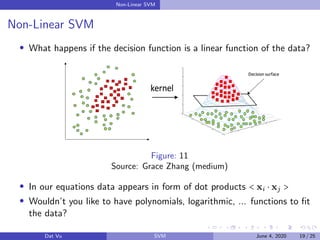 Non-Linear SVM
Non-Linear SVM
What happens if the decision function is a linear function of the data?
Figure: 11
Source: Grace Zhang (medium)
In our equations data appears in form of dot products < xi ⋅ xj >
Wouldn’t you like to have polynomials, logarithmic, ... functions to ﬁt
the data?
Dat Vu SVM June 4, 2020 19 / 25
 