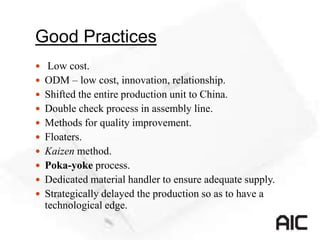 Good Practices
 Low cost.
 ODM – low cost, innovation, relationship.
 Shifted the entire production unit to China.
 Double check process in assembly line.
 Methods for quality improvement.
 Floaters.
 Kaizen method.
 Poka-yoke process.
 Dedicated material handler to ensure adequate supply.
 Strategically delayed the production so as to have a
technological edge.
 