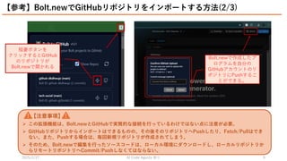 2025/2/27 祭り
AI Code Agents 9
稲妻ボタンを
クリックするとGitHub
のリポジトリが
Bolt.newで開かれる
Bolt.newで作成したプ
ログラムを自分の
GitHubアカウントのリ
ポジトリにPushするこ
とができる。
【注意事項】
 この拡張機能は、Bolt.newとGitHubで実質的な接続を行っているわけではない点に注意が必要。
 GitHubリポジトリからインポートはできるものの、その後そのリポジトリへPushしたり、Fetch/Pullはでき
ない。また、Pushする場合は、毎回新規リポジトリが作成されてしまう。
 そのため、Bolt.newで編集を行ったソースコードは、ローカル環境にダウンロードし、ローカルリポジトリか
らリモートリポジトリへCommit/Pushしなくてはならない。
【参考】Bolt.newでGitHubリポジトリをインポートする方法(2/3)
 