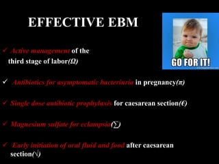  Active management of the
third stage of labor(Ω)
 Antibiotics for asymptomatic bacteriuria in pregnancy(π)
 Single dose antibiotic prophylaxis for caesarean section(€)
 Magnesium sulfate for eclampsia(∑)
 Early initiation of oral fluid and food after caesarean
section(√)
EFFECTIVE EBM
 