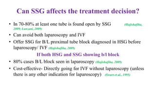 Can SSG affects the treatment decision?
• In 70-80% at least one tube is found open by SSG (Hajishafiha,
2009; Lanzani, 2009)
• Can avoid both laparoscopy and IVF
• Offer SSG for B/L proximal tube block diagnosed in HSG before
laparoscopy/ IVF (Hajishafiha, 2009)
If both HSG and SSG showing b/l block
• 80% cases B/L block seen in laparoscopy (Hajishafiha, 2009)
• Cost-effective- Directly going for IVF without laparoscopy (unless
there is any other indication for laparoscopy) (Swart et al., 1995)
 