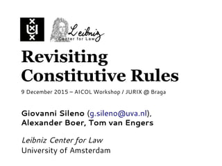 Revisiting
Constitutive Rules
Giovanni Sileno (g.sileno@uva.nl),
Alexander Boer, Tom van Engers
Leibniz Center for Law
University of Amsterdam
9 December 2015 – AICOL Workshop / JURIX @ Braga
 