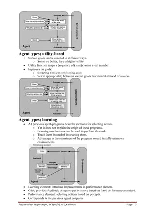 Agent types; utility-based
        Certain goals can be reached in different ways.
            o Some are better, have a higher utility.
        Utility function maps a (sequence of) state(s) onto a real number.
        Improves on goals:
            o Selecting between conflicting goals
            o Select appropriately between several goals based on likelihood of success.




Agent types; learning
        All previous agent-programs describe methods for selecting actions.
            o Yet it does not explain the origin of these programs.
            o Learning mechanisms can be used to perform this task.
            o Teach them instead of instructing them.
            o Advantage is the robustness of the program toward initially unknown
               environments.




        Learning element: introduce improvements in performance element.
        Critic provides feedback on agents performance based on fixed performance standard.
        Performance element: selecting actions based on percepts.
        Corresponds to the previous agent programs

Prepared By: Najar Aryal, BCT(III/II), KEC,Kalimati                                  Page 10
 