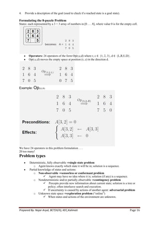 4.   Provide a description of the goal (used to check if a reached state is a goal state).

Formulating the 8-puzzle Problem
States: each represented by a 3 × 3 array of numbers in [0 . . . 8], where value 0 is for the empty cell.




        Operators: 24 operators of the form Op(r,c,d) where r, c ∈ {1, 2, 3}, d ∈ {L,R,U,D}.
        Op(r,c,d) moves the empty space at position (r, c) in the direction d.




Example: Op(3,2,R)




We have 24 operators in this problem formulation . . .
20 too many!
Problem types
         Deterministic, fully observable ⇒single state problem
            o Agent knows exactly which state it will be in; solution is a sequence.
         Partial knowledge of states and actions:
            o Non-observable ⇒sensorless or conformant problem
                     Agent may have no idea where it is; solution (if any) is a sequence.
            o Nondeterministic and/or partially observable ⇒contingency problem
                     Percepts provide new information about current state; solution is a tree or
                         policy; often interleave search and execution.
                     If uncertainty is caused by actions of another agent: adversarial problem
            o Unknown state space ⇒exploration problem (―online‖)
                     When states and actions of the environment are unknown.



Prepared By: Najar Aryal, BCT(III/II), KEC,Kalimati                                               Page 16
 