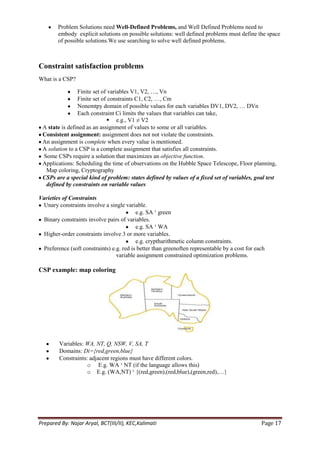 Problem Solutions need Well-Defined Problems, and Well Defined Problems need to
        embody explicit solutions on possible solutions: well defined problems must define the space
        of possible solutions.We use searching to solve well defined problems.



Constraint satisfaction problems
What is a CSP?

                Finite set of variables V1, V2, …, Vn
                Finite set of constraints C1, C2, …, Cm
                Nonemtpy domain of possible values for each variables DV1, DV2, … DVn
                Each constraint Ci limits the values that variables can take,
                               e.g., V1 ≠ V2
 A state is defined as an assignment of values to some or all variables.
 Consistent assignment: assignment does not not violate the constraints.
 An assignment is complete when every value is mentioned.
 A solution to a CSP is a complete assignment that satisfies all constraints.
 Some CSPs require a solution that maximizes an objective function.
 Applications: Scheduling the time of observations on the Hubble Space Telescope, Floor planning,
  Map coloring, Cryptography
 CSPs are a special kind of problem: states defined by values of a fixed set of variables, goal test
  defined by constraints on variable values

Varieties of Constraints
 Unary constraints involve a single variable.
                                          e.g. SA ¹ green
 Binary constraints involve pairs of variables.
                                          e.g. SA ¹ WA
 Higher-order constraints involve 3 or more variables.
                                          e.g. cryptharithmetic column constraints.
 Preference (soft constraints) e.g. red is better than greenoften representable by a cost for each
                                 variable assignment constrained optimization problems.

CSP example: map coloring




        Variables: WA, NT, Q, NSW, V, SA, T
        Domains: Di={red,green,blue}
        Constraints: adjacent regions must have different colors.
                    o E.g. WA ¹ NT (if the language allows this)
                    o E.g. (WA,NT) ¹ {(red,green),(red,blue),(green,red),…}




Prepared By: Najar Aryal, BCT(III/II), KEC,Kalimati                                             Page 17
 