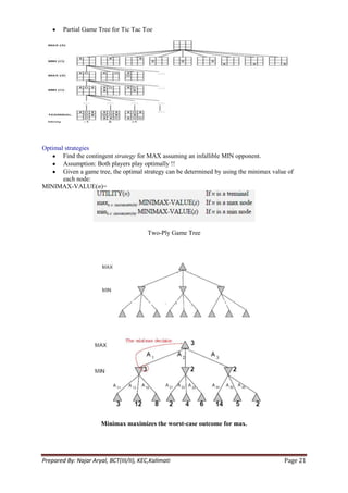 Partial Game Tree for Tic Tac Toe




Optimal strategies
       Find the contingent strategy for MAX assuming an infallible MIN opponent.
       Assumption: Both players play optimally !!
       Given a game tree, the optimal strategy can be determined by using the minimax value of
       each node:
MINIMAX-VALUE(n)=




                                          Two-Ply Game Tree




                       Minimax maximizes the worst-case outcome for max.




Prepared By: Najar Aryal, BCT(III/II), KEC,Kalimati                                       Page 21
 
