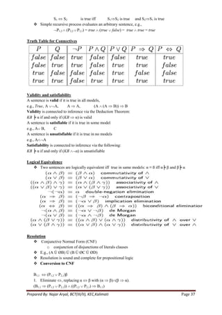 S1    S2        is true iff     S1 S2 is true and S2 S1 is true
     Simple recursive process evaluates an arbitrary sentence, e.g.,
                P1,2 (P2,2 P3,1) = true (true false) = true true = true

Truth Table for Connectives




Validity and satisfiability
A sentence is valid if it is true in all models,
e.g., True, A     A,       A A,              (A (A B)) B
Validity is connected to inference via the Deduction Theorem:
KB ╞ α if and only if (KB α) is valid
A sentence is satisfiable if it is true in some model
e.g., A B,        C
A sentence is unsatisfiable if it is true in no models
e.g., A A
Satisfiability is connected to inference via the following:
KB ╞ α if and only if (KB        α) is unsatisfiable

Logical Equivalence
    Two sentences are logically equivalent iff true in same models: α ≡ ß iff α╞ β and β╞ α




Resolution
    Conjunctive Normal Form (CNF)
           o conjunction of disjunctions of literals clauses
    E.g., (A Ú ØB) Ù (B Ú ØC Ú ØD)
    Resolution is sound and complete for propositional logic
    Conversion to CNF

    B1,1   (P1,2 P2,1)β
    1. Eliminate , replacing α   β with (α            β) (β   α).
    (B1,1 (P1,2 P2,1)) ((P1,2 P2,1) B1,1)
Prepared By: Najar Aryal, BCT(III/II), KEC,Kalimati                                      Page 37
 