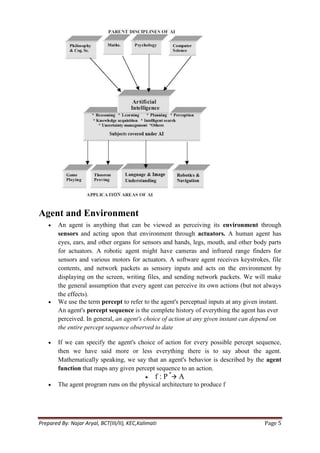 Agent and Environment
        An agent is anything that can be viewed as perceiving its environment through
        sensors and acting upon that environment through actuators. A human agent has
        eyes, ears, and other organs for sensors and hands, legs, mouth, and other body parts
        for actuators. A robotic agent might have cameras and infrared range finders for
        sensors and various motors for actuators. A software agent receives keystrokes, file
        contents, and network packets as sensory inputs and acts on the environment by
        displaying on the screen, writing files, and sending network packets. We will make
        the general assumption that every agent can perceive its own actions (but not always
        the effects).
        We use the term percept to refer to the agent's perceptual inputs at any given instant.
        An agent's percept sequence is the complete history of everything the agent has ever
        perceived. In general, an agent's choice of action at any given instant can depend on
        the entire percept sequence observed to date

        If we can specify the agent's choice of action for every possible percept sequence,
        then we have said more or less everything there is to say about the agent.
        Mathematically speaking, we say that an agent's behavior is described by the agent
        function that maps any given percept sequence to an action.
                                                  f : P * A
        The agent program runs on the physical architecture to produce f




Prepared By: Najar Aryal, BCT(III/II), KEC,Kalimati                                     Page 5
 