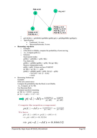 o
            o    p(G,M,B,L) = p(G|M,B,L)p(M|B,L)p(B|L)p(L)= p(G|B)p(M|B,L)p(B)p(L)
            o     Specification:
                      Traditional: 16 rows
                         BayessianNetworks: 8 rows
        Reasoning: top-down
              o Example:
              o if the block is liftable, compute the probability of arm moving.
              o I.e., Compute p(M | L)
              o Solution:
                 Insert parent nodes:
                 p(M|L) = p(M,B|L) + p(M,¬B|L)
                 Use chain rule:
                 p(M|L) = p(M|B,L)p(B|L) + p(M|,¬B,L)p(¬B|L)
                 Remove independent node:
                 p(B|L) =p(B) : B does not have PARENT
                 p(¬B|L) = p(¬B) = 1 – p(B)
                 p(M|L) = p(M|B,L)p(B) + p(M|,¬B,L)(1 – p(B))
                          = 0.9´0.95 + 0.0 ´(1 – 0.95)
                          = 0.855
        Reasoning: bottom-up
        Example:
        If the arm cannot move
        Compute the probability that the block is not liftable.
         I.e., Compute: p(¬L|¬M)
        Use Bayesian Rule:
        Compute top-down reasoning
        p(¬M|¬L) = 0.9525 –exercise
        p(¬L) = 1- p(L) = 1- 0.7 = 0.3




Prepared By: Najar Aryal, BCT(III/II), KEC,Kalimati                                  Page 50
 
