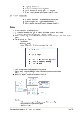    simplicity of inference
                        ease of visualizing, even for large nets
                        ease of representing default values for categories
                        & ease of overriding defaults by more specific values

but, awkward or impossible

                      to capture many of FOL's representational capabilities
                      negation, disjunction, existential quantification, ...
                      when extended to do so, it loses its attractive simplicity

Frames

        Frames – semantic net with properties
        A frame represents an entity as a set of slots (attributes) and associated values
        A frame can represent a specific entry, or a general concept
        Frames are implicitly associated with one another because the value of a slot can be another
         frame
     3 components of a frame
          · frame name
          · attributes (slots)
          · values (fillers: list of values, range, string, etc.)

                                Book Frame

                                Slot  Filler


                                Title  AI. A modern Approach
                                Author  Russell & Norvig
                                Year  2003


        More natural support of values then semantic nets
        Can be easily implemented using object-oriented programming techniques
        Inheritance is easily controlled
        Similar to Object-Oriented programming paradigm




     Benefits:
          Makes programming easier by grouping related knowledge
          Easily understood by non-developers
          Expressive power

Prepared By: Najar Aryal, BCT(III/II), KEC,Kalimati                                            Page 57
 