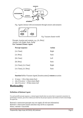 Fig. Agents interact with environments through sensors and actuators




                                                        Fig. Vacuum cleaner world

    Percepts: location and contents, e.g., [A, Dirty]
    Actions: Left, Right, Suck, NoOp
    For Vacuum Cleaner Agent:

        Percept sequence                                               Action

        [A, Clean]                                                     Right

        [A, Dirty]                                                     Suck

        [B, Clean]                                                     Left

        [B, Dirty]                                                     Suck

        [A, Clean], [A, Clean]                                         Right

        [A, Clean], [A, Dirty]                                         Suck

        …

        function Reflex-Vacuum-Agent( [location,status]) returns an action

        if status = Dirty then return Suck
        else if location =A then return Right
        else if location = B then return Left
Rationality

Definition of Rational Agent:

For each possible percept sequence, a rational agent should select an action that is expected to maximize its
performance measure, given the evidence provided by the percept sequence and whatever built-in knowledge
the agent has.

Rational ≠ omniscient (percepts may not supply all relevant information)
Rational ≠ clairvoyant (action outcomes may not be as expected)
Hence, rational ≠ successful

Prepared By: Najar Aryal, BCT(III/II), KEC,Kalimati                                                     Page 6
 