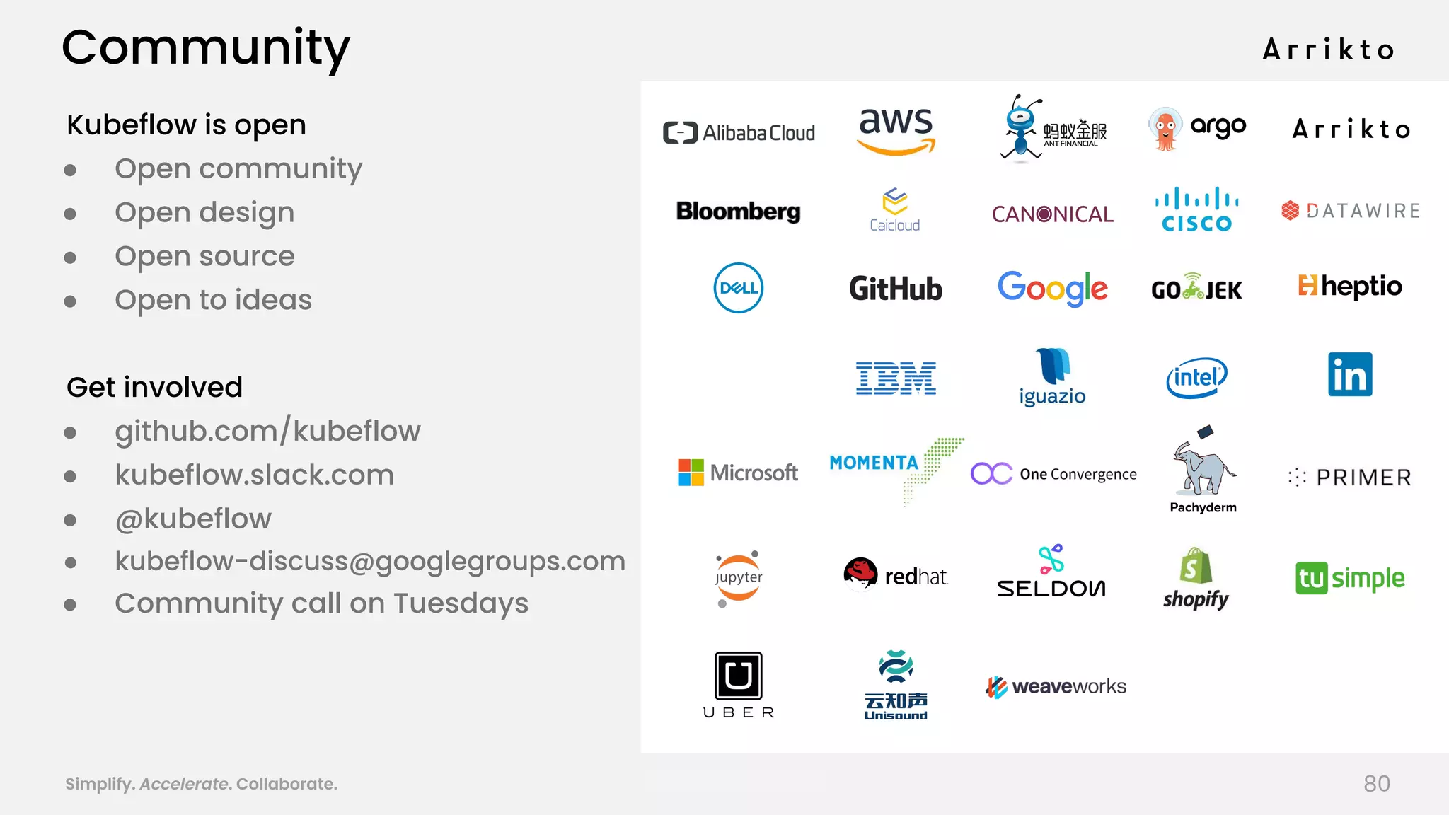 Simplify. Accelerate. Collaborate. arrik.to/odsc20 80
Community
Kubeflow is open
● Open community
● Open design
● Open source
● Open to ideas
Get involved
● github.com/kubeflow
● kubeflow.slack.com
● @kubeflow
● kubeflow-discuss@googlegroups.com
● Community call on Tuesdays
 
