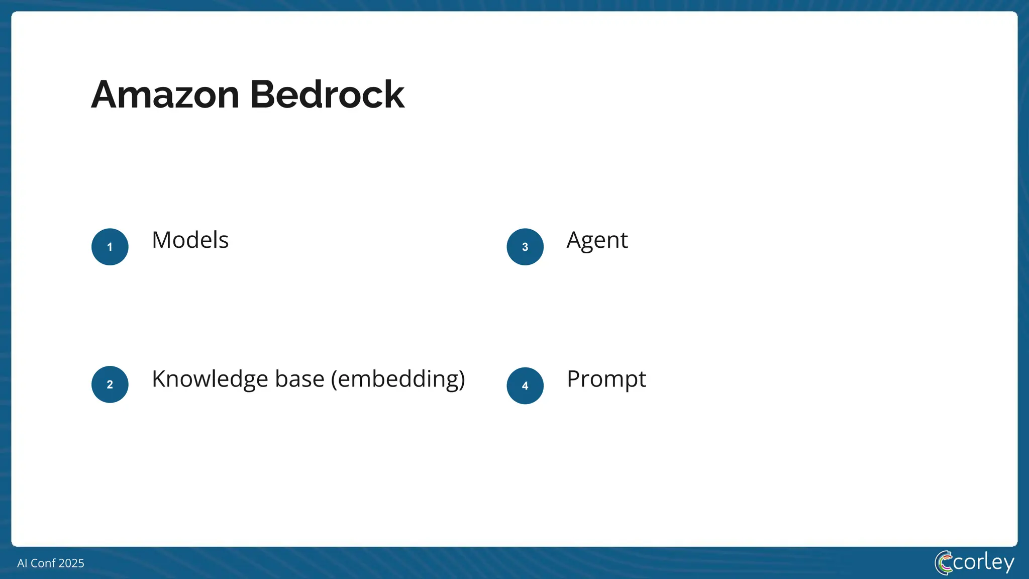AI Conf 2025
Amazon Bedrock
1
2 Knowledge base (embedding)
3 Agent
Models
4 Prompt
 