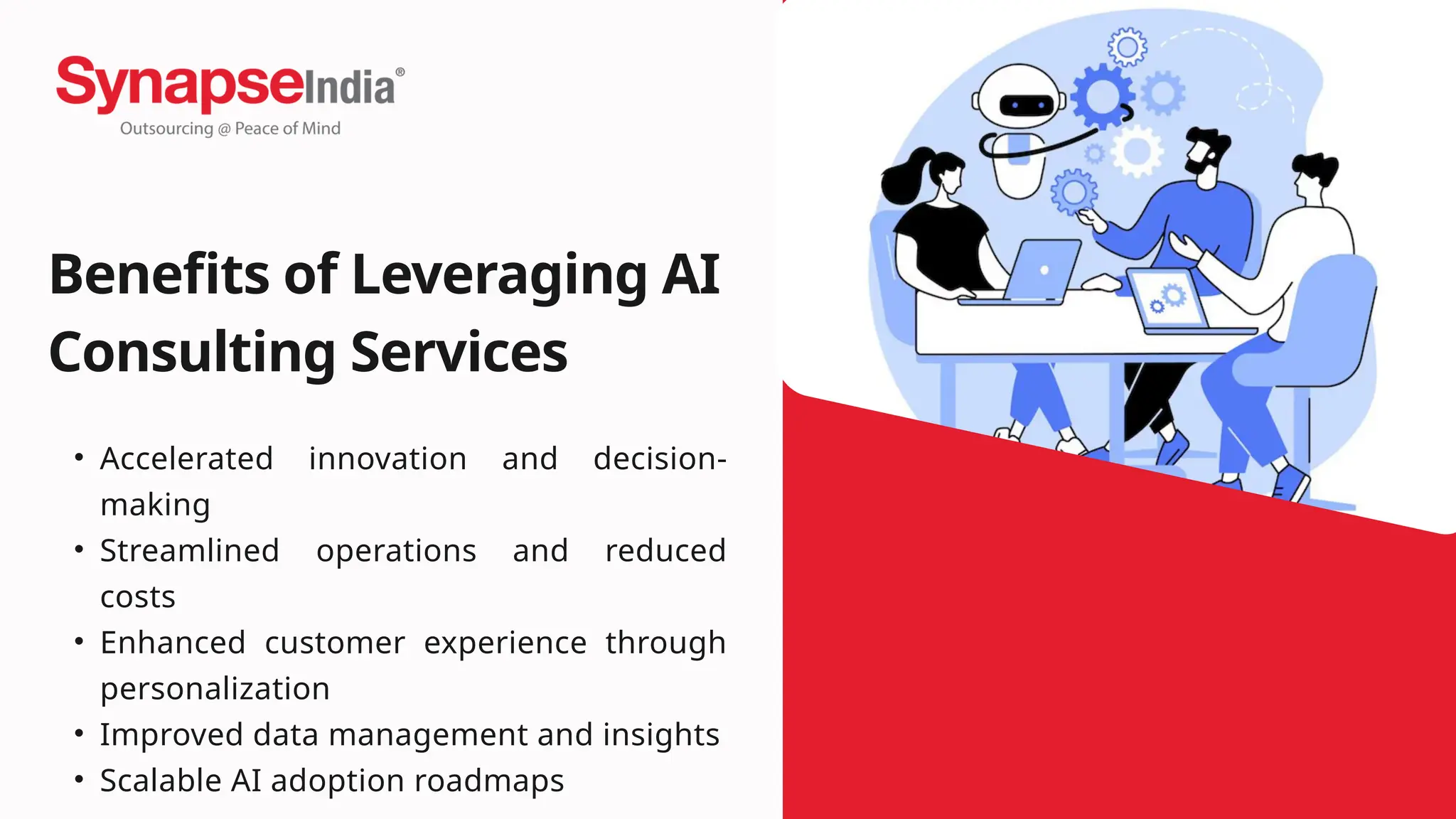 Benefits of Leveraging AI
Consulting Services
• Accelerated innovation and decision-
making
• Streamlined operations and reduced
costs
• Enhanced customer experience through
personalization
• Improved data management and insights
• Scalable AI adoption roadmaps
 