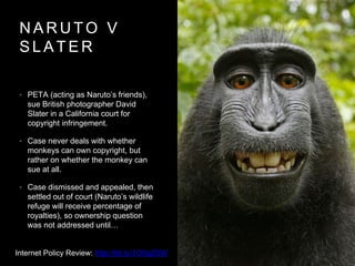 N A R U T O V
S L A T E R
• PETA (acting as Naruto’s friends),
sue British photographer David
Slater in a California court for
copyright infringement.
• Case never deals with whether
monkeys can own copyright, but
rather on whether the monkey can
sue at all.
• Case dismissed and appealed, then
settled out of court (Naruto’s wildlife
refuge will receive percentage of
royalties), so ownership question
was not addressed until…
Internet Policy Review: http://bit.ly/1O0qZSW
 