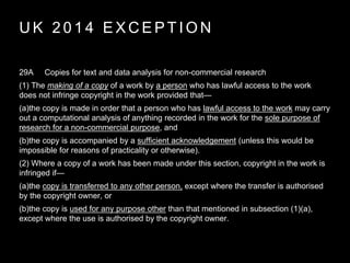 U K 2 0 1 4 E X C E P T I O N
29A Copies for text and data analysis for non-commercial research
(1) The making of a copy of a work by a person who has lawful access to the work
does not infringe copyright in the work provided that—
(a)the copy is made in order that a person who has lawful access to the work may carry
out a computational analysis of anything recorded in the work for the sole purpose of
research for a non-commercial purpose, and
(b)the copy is accompanied by a sufficient acknowledgement (unless this would be
impossible for reasons of practicality or otherwise).
(2) Where a copy of a work has been made under this section, copyright in the work is
infringed if—
(a)the copy is transferred to any other person, except where the transfer is authorised
by the copyright owner, or
(b)the copy is used for any purpose other than that mentioned in subsection (1)(a),
except where the use is authorised by the copyright owner.
 