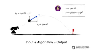 Input + Algorithm = Output
❗
v0 = v0sinθt − gt
⃗
v
vx = v0cosθ
x = v0cosθt
y = v0sinθt −
1
2
gt2
🙆
 