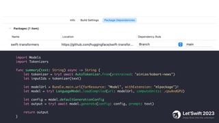 import Models
import Tokenizers
func summary(text: String) async -> String {
let tokenizer = try! await AutoTokenizer.from(pretrained: "ainize/kobart-news")
let inputIds = tokenizer(text)
let modelUrl = Bundle.main.url(forResource: "Model", withExtension: "mlpackage")!
let model = try! LanguageModel.loadCompiled(url: modelUrl, computeUnits: .cpuAndGPU)
let config = model.defaultGenerationConfig
let output = try! await model.generate(config: config, prompt: text)
return output
}
 