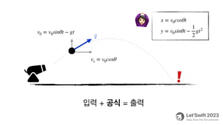 입력 + 공식 = 출력
❗
v0 = v0sinθt − gt
⃗
v
vx = v0cosθ
x = v0cosθt
y = v0sinθt −
1
2
gt2
🙆
 