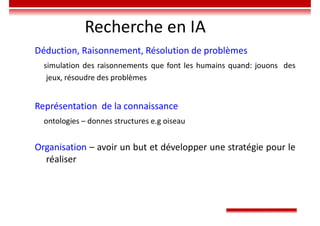 Recherche en IA
Déduction, Raisonnement, Résolution de problèmes
simulation des raisonnements que font les humains quand: jouons des
jeux, résoudre des problèmes
Représentation de la connaissance
ontologies – donnes structures e.g oiseau
Organisation – avoir un but et développer une stratégie pour le
réaliser
 