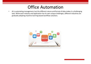 Office Automation
• AI is automating management, but the different nature and format of data makes it a challenging
task. While each industry and application has its own unique challenges, different industries are
gradually adopting machine learning-based workflow solutions.
 