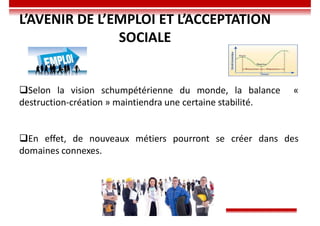 L’AVENIR DE L’EMPLOI ET L’ACCEPTATION
SOCIALE
Selon la vision schumpétérienne du monde, la balance «
destruction-création » maintiendra une certaine stabilité.
En effet, de nouveaux métiers pourront se créer dans des
domaines connexes.
 