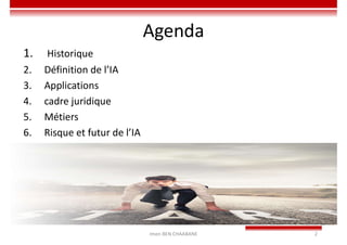 Agenda
1. Historique
2. Définition de l’IA
3. Applications
4. cadre juridique
5. Métiers
6. Risque et futur de l’IA
2
Imen BEN CHAABANE
 