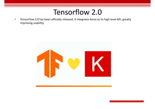 Tensorflow 2.0
• TensorFlow 2.0 has been officially released. It integrates Keras as its high-level API, greatly
improving usability.
 