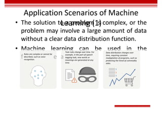 Application Scenarios of Machine
Learning (1)
• The solution to a problem is complex, or the
problem may involve a large amount of data
without a clear data distribution function.
• Machine learning can be used in the
following scenarios:
Rules are complex or cannot be
described, such as voice
recognition.
Task rules change over time. For
example, in the part-of-speech
tagging task, new words or
meanings are generated at any
time.
Data distribution changes over
time, requiring constant
readaptation of programs, such as
predicting the trend of commodity
sales.
 