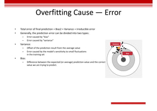 Overfitting Cause — Error
• Total error of final prediction = Bias2 + Variance + Irreducible error
• Generally, the prediction error can be divided into two types:
– Error caused by "bias"
– Error caused by "variance"
• Variance:
– Offset of the prediction result from the average value
– Error caused by the model's sensitivity to small fluctuations
in the training set
• Bias:
– Difference between the expected (or average) prediction value and the correct
value we are trying to predict.
Variance
Bias
 