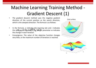 Machine Learning Training Method -
Gradient Descent (1)
• The gradient descent method uses the negative gradient
direction of the current position as the search direction,
which is the steepest direction. The formula is as follows:
• In the formula, 𝜂 indicates the learning rate and 𝑖 indicates
the data record number 𝑖. The weight parameter w indicates
the change in each iteration.
• Convergence: The value of the objective function changes
very little, or the maximum number of iterations is reached.
1 ( )
k
i
k k w
w w f x

   
Cost surface
 