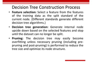 Decision Tree Construction Process
• Feature selection: Select a feature from the features
of the training data as the split standard of the
current node. (Different standards generate different
decision tree algorithms.)
• Decision tree generation: Generate internal node
upside down based on the selected features and stop
until the dataset can no longer be split.
• Pruning: The decision tree may easily become
overfitting unless necessary pruning (including pre-
pruning and post-pruning) is performed to reduce the
tree size and optimize its node structure.
 