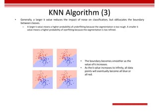 KNN Algorithm (3)
• Generally, a larger k value reduces the impact of noise on classification, but obfuscates the boundary
between classes.
– A larger k value means a higher probability of underfitting because the segmentation is too rough. A smaller k
value means a higher probability of overfitting because the segmentation is too refined.
• The boundary becomes smoother as the
value of k increases.
• As the k value increases to infinity, all data
points will eventually become all blue or
all red.
 