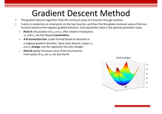 Gradient Descent Method
• The gradient descent algorithm finds the minimum value of a function through iteration.
• It aims to randomize an initial point on the loss function, and then find the global minimum value of the loss
function based on the negative gradient direction. Such parameter value is the optimal parameter value.
– Point A: the position of 𝑤 and 𝑤 after random initialization.
𝑤 and 𝑤 are the required parameters.
– A-B connection line: a path formed based on descents in
a negative gradient direction. Upon each descent, values 𝑤
and 𝑤 change, and the regression line also changes.
– Point B: global minimum value of the loss function.
Final values of 𝑤 and 𝑤 are also found.
Cost surface
 