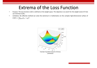 Extrema of the Loss Function
• Purpose: The loss function 𝐸(𝑊) is defined on the weight space. The objective is to search for the weight vector 𝑊 that
can minimize 𝐸(𝑊).
• Limitation: No effective method can solve the extremum in mathematics on the complex high-dimensional surface of
𝐸 𝑊 = ∑ 𝑡 − 𝑜
∈ .
Example of gradient descent of binary
paraboloid
 