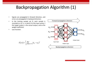 Backpropagation Algorithm (1)
• Signals are propagated in forward direction, and
errors are propagated in backward direction.
• In the training sample set D, each sample is
recorded as <X, t>, in which X is the input vector, t
the target output, o the actual output, and w the
weight coefficient.
• Loss function:
Input layer
Output layer
Hidden layer
Forward propagation direction
Backpropagation direction
   
2
1
( )
2
d d
d D
E w t o

 

 