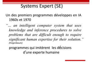 Systems Expert (SE)
Un des premiers programmes développes en IA
1960s et 1970
“… an intelligent computer system that uses
knowledge and inference procedures to solve
problems that are difficult enough to require
significant human expertise for their solution.”
(Feigenbaum)
programmes qui imitèrent les décisions
d’une experte humaine
 