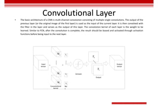 Convolutional Layer
• The basic architecture of a CNN is multi-channel convolution consisting of multiple single convolutions. The output of the
previous layer (or the original image of the first layer) is used as the input of the current layer. It is then convolved with
the filter in the layer and serves as the output of this layer. The convolution kernel of each layer is the weight to be
learned. Similar to FCN, after the convolution is complete, the result should be biased and activated through activation
functions before being input to the next layer.
Input
tensor
Output
tensor
Output
Activate
Bia
s
Convolutional
kernel
1
W
2
W
Wn n
b
2
b
1
b
Fn
1
F
 