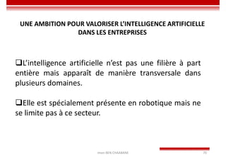 Imen BEN CHAABANE 70
UNE AMBITION POUR VALORISER L’INTELLIGENCE ARTIFICIELLE
DANS LES ENTREPRISES
L’intelligence artificielle n’est pas une filière à part
entière mais apparaît de manière transversale dans
plusieurs domaines.
Elle est spécialement présente en robotique mais ne
se limite pas à ce secteur.
 