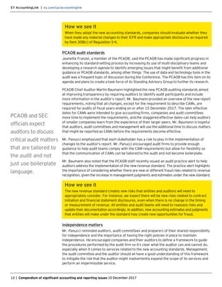 EY AccountingLink | ey.com/us/accountinglink
12 | Compendium of significant accounting and reporting issues 10 December 2017
How we see it
When they adopt the new accounting standards, companies should evaluate whether they
have made any material changes to their ICFR and make appropriate disclosures as required
by Item 308(c) of Regulation S-K.
PCAOB audit standards
Jeanette Franzel, a member of the PCAOB, said the PCAOB has made significant progress in
enhancing its standard-setting process by increasing its use of multi-disciplinary teams and
developing a research agenda to identify emerging issues that might benefit from additional
guidance or PCAOB standards, among other things. The use of data and technology tools in the
audit was a frequent topic of discussion during the Conference. The PCAOB has this item on its
agenda and plans to create a task force of its Standing Advisory Group to further its research.
PCAOB Chief Auditor Martin Baumann highlighted the new PCAOB auditing standards aimed
at improving transparency by requiring auditors to identify audit participants and include
more information in the auditor’s report. Mr. Baumann provided an overview of the new report
requirements, noting that all changes, except for the requirement to describe CAMs, are
required for audits of fiscal years ending on or after 15 December 2017. The later effective
dates for CAMs were intended to give accounting firms, companies and audit committees
more time to implement the requirements, and the staggered effective dates can help auditors
of smaller companies learn from the experience of their larger peers. Mr. Baumann is hopeful
that auditors, audit committees and management will use the additional time to discuss matters
that might be reported as CAMs before the requirements become effective.
Mr. Panucci emphasized that each stakeholder has a role to play in the implementation of
changes to the auditor’s report. Mr. Panucci encouraged audit firms to provide enough
guidance to help audit teams comply with the CAM requirements but allow for flexibility so
that the communication of CAMs can be tailored to the audit and not become boilerplate.
Mr. Baumann also noted that the PCAOB staff recently issued an audit practice alert to help
auditors address the implementation of the new revenue standard. The practice alert highlights
the importance of considering whether there are new or different fraud risks related to revenue
recognition, given the increase in management judgments and estimates under the new standard.
How we see it
The new revenue standard creates new risks that entities and auditors will need to
appropriately consider. For instance, we expect there will be new risks related to contract
initiation and financial statement disclosures, even when there is no change in the timing
or measurement of revenue. All entities and audit teams will need to reassess risks and
update their documentation accordingly. In addition, new accounting estimates and judgments
that entities will make under the standard may create new opportunities for fraud.
Independence matters
Mr. Panucci reminded auditors, audit committees and preparers of their shared responsibility
for independence and the importance of having the right policies in place to maintain
independence. He encouraged companies and their auditors to define a framework to guide
the procedures performed by the audit firm so it’s clear what the auditor can and cannot do,
especially when it comes to services related to the new accounting standards. Management,
the audit committee and the auditor should all have a good understanding of this framework
to mitigate the risk that the auditor might inadvertently expand the scope of its services and
perform an impermissible service.
PCAOB and SEC
officials expect
auditors to discuss
critical audit matters
that are tailored to
the audit and not
just use boilerplate
language.
 