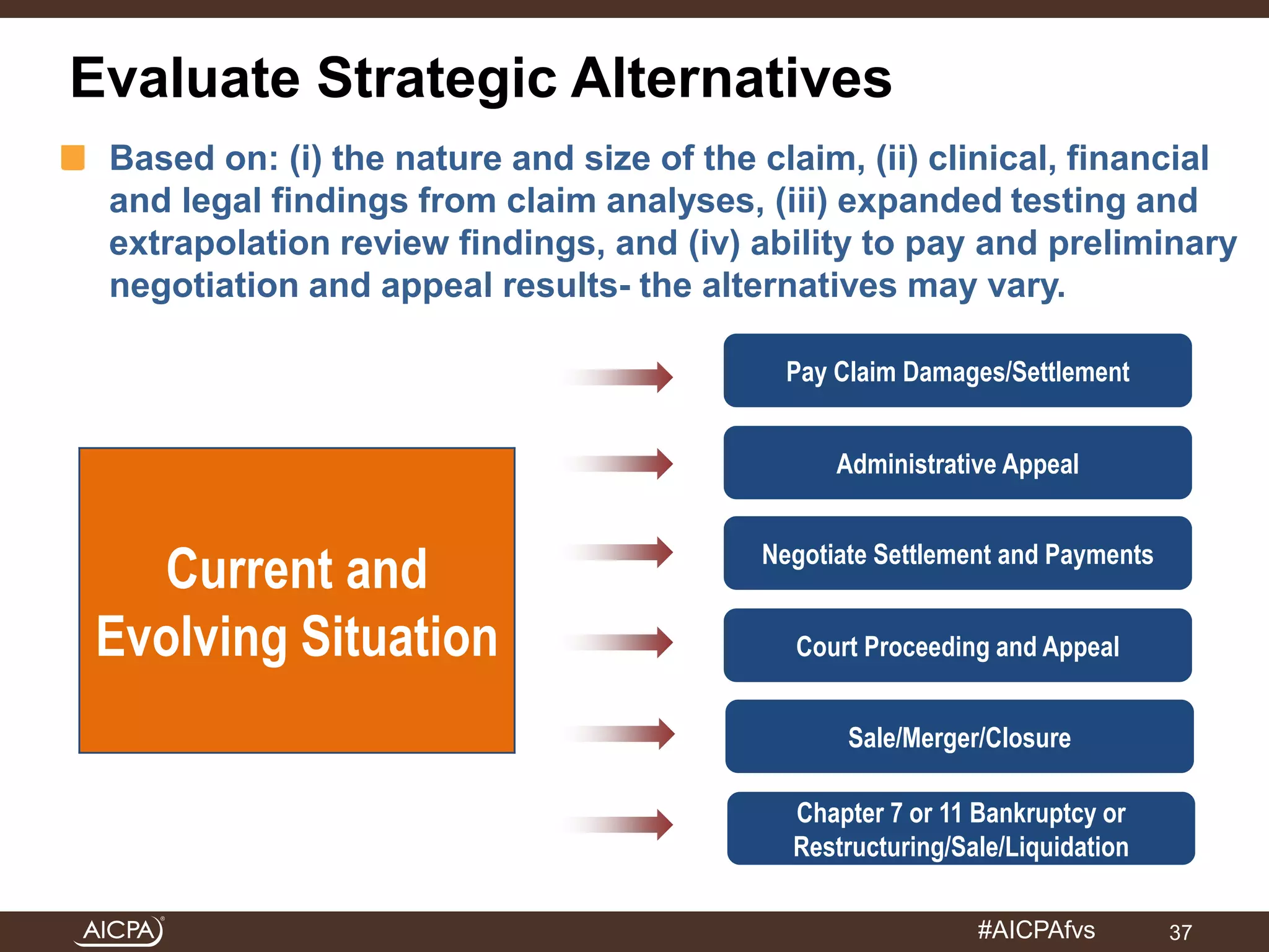 Pay Claim Damages/Settlement 
Administrative Appeal 
Negotiate Settlement and Payments 
Sale/Merger/Closure 
#AICPAfvs 
Evaluate Strategic Alternatives 
Based on: (i) the nature and size of the claim, (ii) clinical, financial 
and legal findings from claim analyses, (iii) expanded testing and 
extrapolation review findings, and (iv) ability to pay and preliminary 
negotiation and appeal results- the alternatives may vary. 
37 
Current and 
Evolving Situation Court Proceeding and Appeal 
Chapter 7 or 11 Bankruptcy or 
Restructuring/Sale/Liquidation 
 
